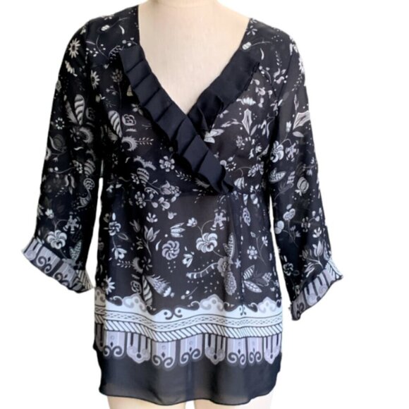 Nicola Black & White Sheer Floral Tunic Ruffle V-Neck Tunic Top Sz M 52A - Picture 1 of 8